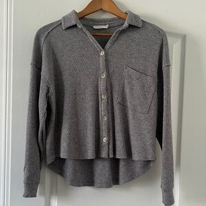 Lush Gray Ribbed Button-Up Top